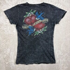 Sinful by Affliction Women L Black Acid Wash Distressed T Shirt Grunge Y2K